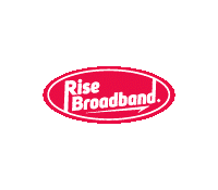 A red and white logo for rise broadband.