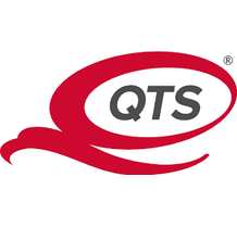 A red and white logo of qts
