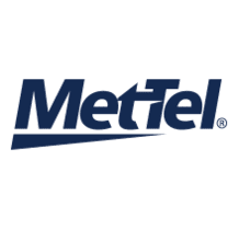 A blue and white logo of mettel