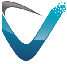 A blue and grey logo of a v shaped arrow.