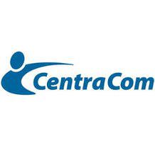 A blue and white logo of centracom