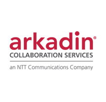 A red and white logo of arkadin collaboration services.