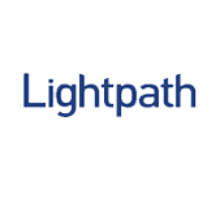 A blue and white logo of lightpath
