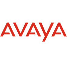 A red and white logo of avaya
