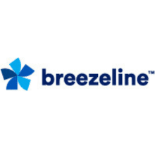 A blue and white logo of breezeline